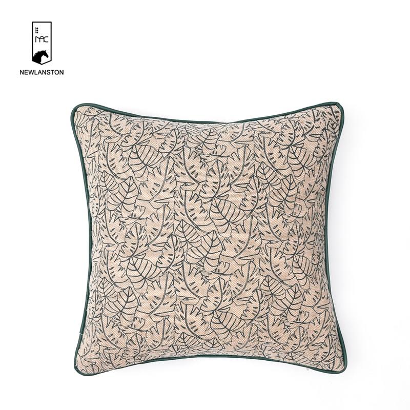 45x45 High quality Linen Printed Leaves PU piping Cushion/Pillow cover 