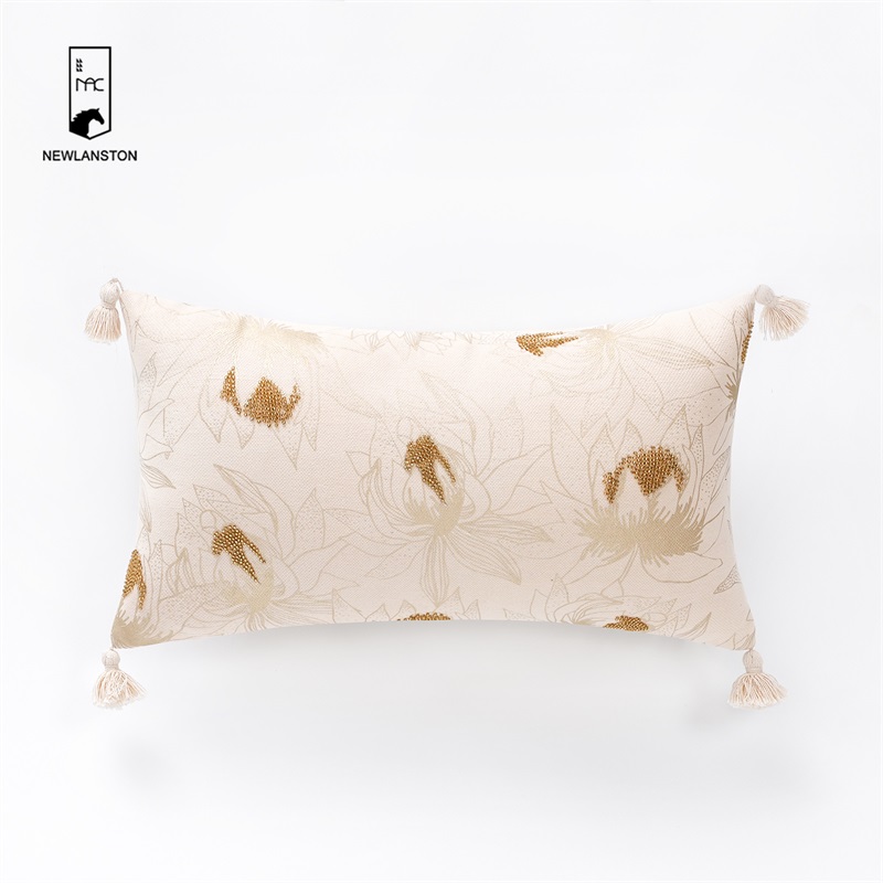 50x30 High quality Recycled cotton Foil gold printed /Gold Beads Embroidery Flowers  Cushion/Pillow cover  